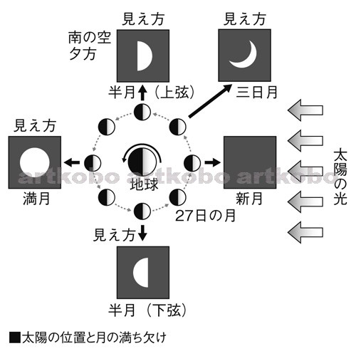 Web教材イラスト図版工房 R S6m 月の形と太陽の位置 07